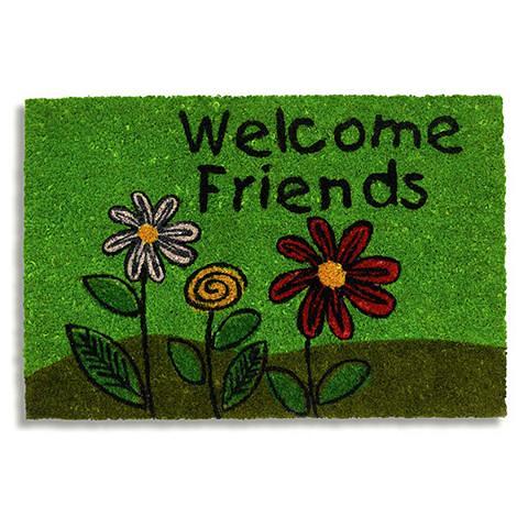 Bedruckte Kokosfußmatte Welcome friends mit Blumen 40 x 60 cm